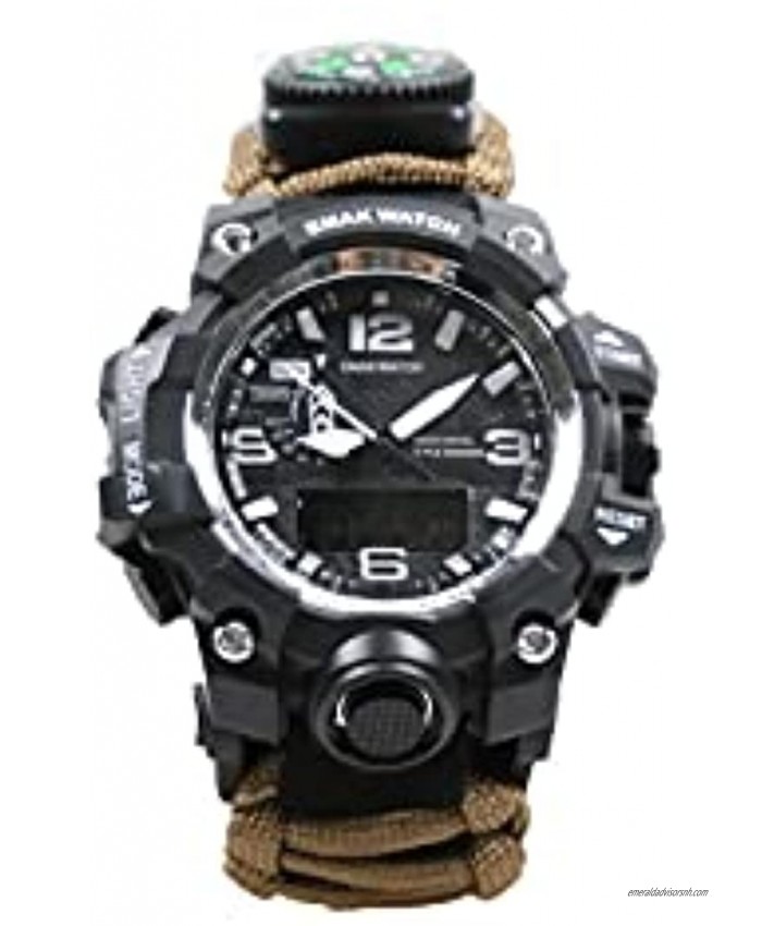8-in-1 Adjustable Survival Watch Waterproof Survival Luminous Watch for Men and Women with Umbrella-Rope-Compass-Flintstone-Whistle-LEDlight-Scraper-Suitable for Hiking,Camping,Fishing Brown