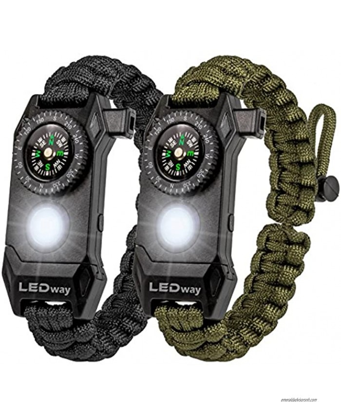 A2S Protection LEDway Paracord Bracelet Tactical Survival Gear Kit 6-IN-1-70% Larger Compass LED SOS Emergency Function Flashlight -Fire Starter Emergency Knife & Whistle