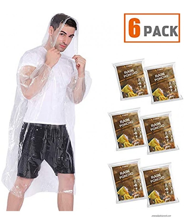 COOY Rain Ponchos,with Drawstring Hood （6 Pack） Emergency Disposable Rain Ponchos Family Pack for Adults,Fit Men and Women Perfect for Disneyland,Clear