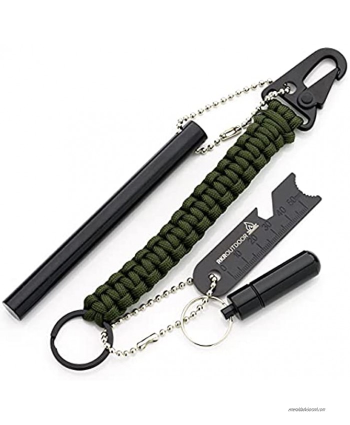 RKR OUTDOOR Ferro Rod Flint Fire Starter Kit with Paracord Keychain + Carabiner and Waterproof Aluminum Capsule for Tinders 5 Length 1 2 Thick Flint and Steel for Survival