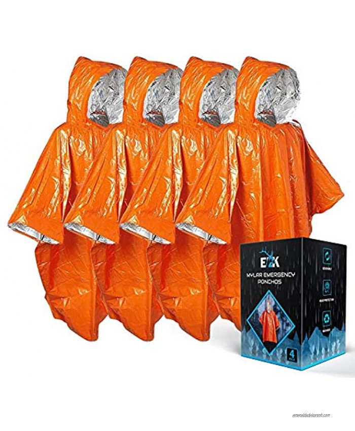 ELK Emergency Poncho Features Heat Retention and Mylar Reversible Thermal Raincoat Blanket with Reflective Side for Increased Visibility Outdoor Camping Survival Gear and Equipment Orange 4 Pack