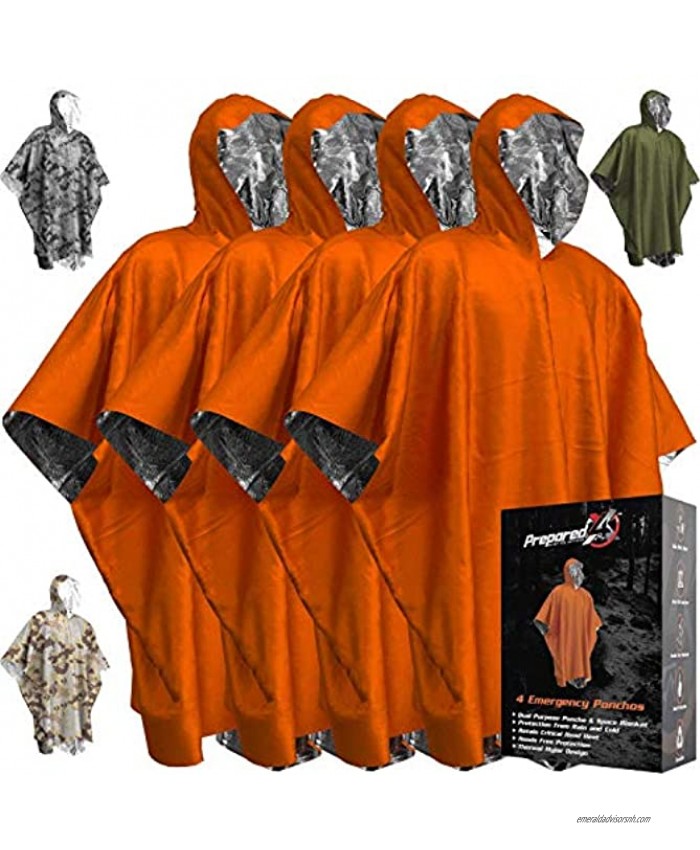 Emergency Blankets & Rain Poncho Hybrid Survival Gear and Equipment – Tough Waterproof Camping Gear Outdoor Blanket – Retains 90% of Heat + Reflective Side for Increased Visibility – 4 Pack Orange