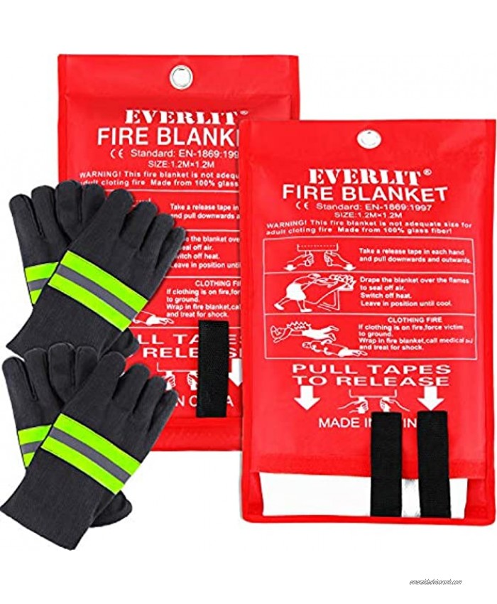EVERLIT [2-Pack] Fire Blanket Size XL 47''x47'' Fire Suppression Emergency Blanket w Heat Resistant Gloves w Reflective Strap for Kitchen Camping Grilling