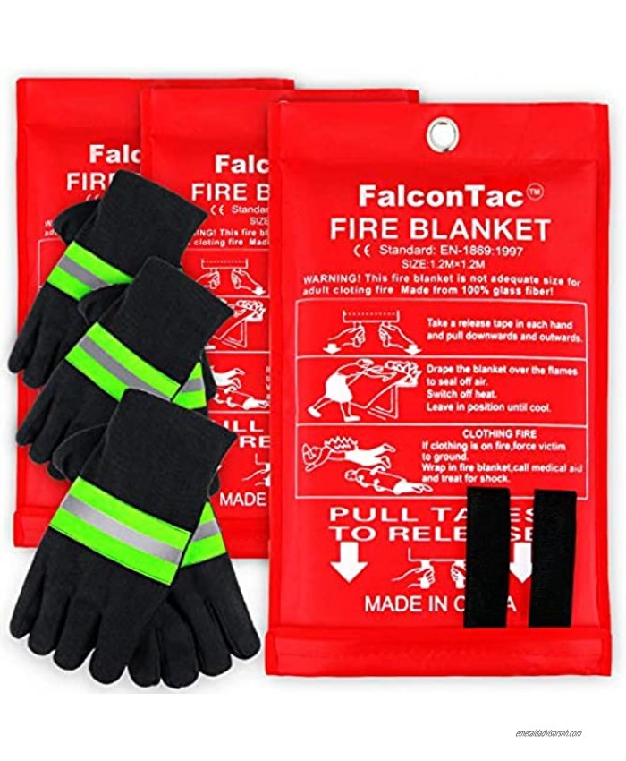 FalconTac [3-Pack] Fire Blanket Size X-Large 47''x47'' Fire Suppression Emergency Blanket w  Heat Resistant Gloves w  Reflective Strap for Kitchen Camping Grilling