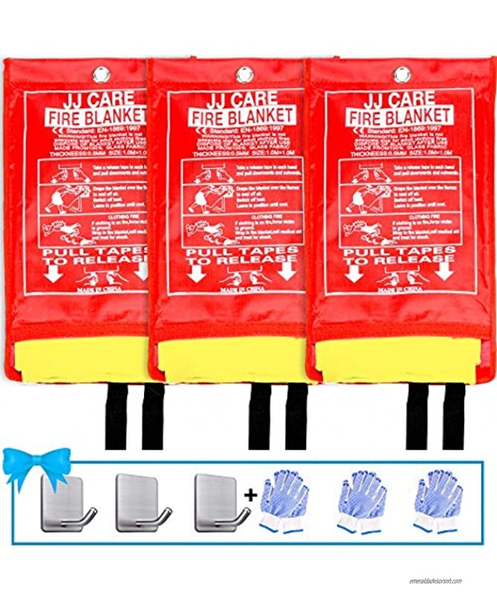 JJ CARE Upgraded Fire Blanket for Home 40x40 with 3 Hooks & 3 Gloves Fire Suppression Blanket Emergency Fire Blanket for People Fire Blanket Kitchen Emergency Use Yellow